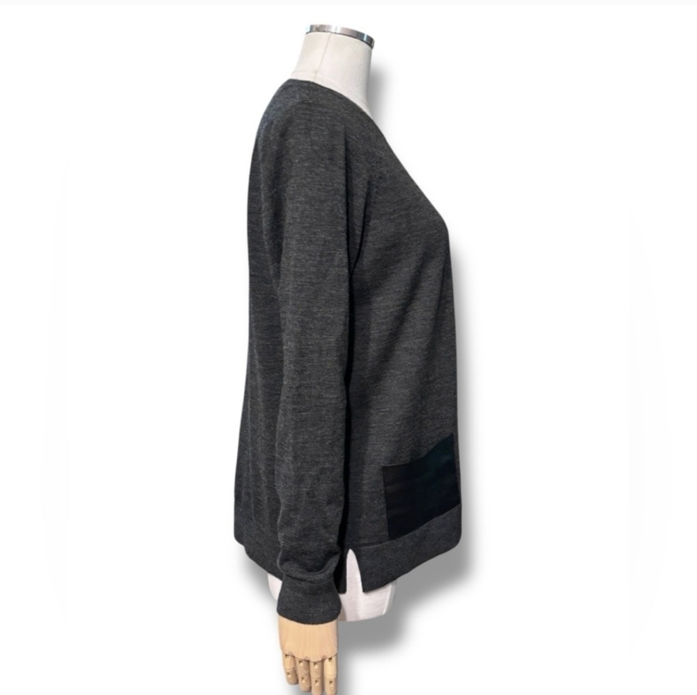 LAFAYETTE 148 Grey Wool Round Neck Sweater Vegan Leather Patch Pockets - Picture 2 of 9
